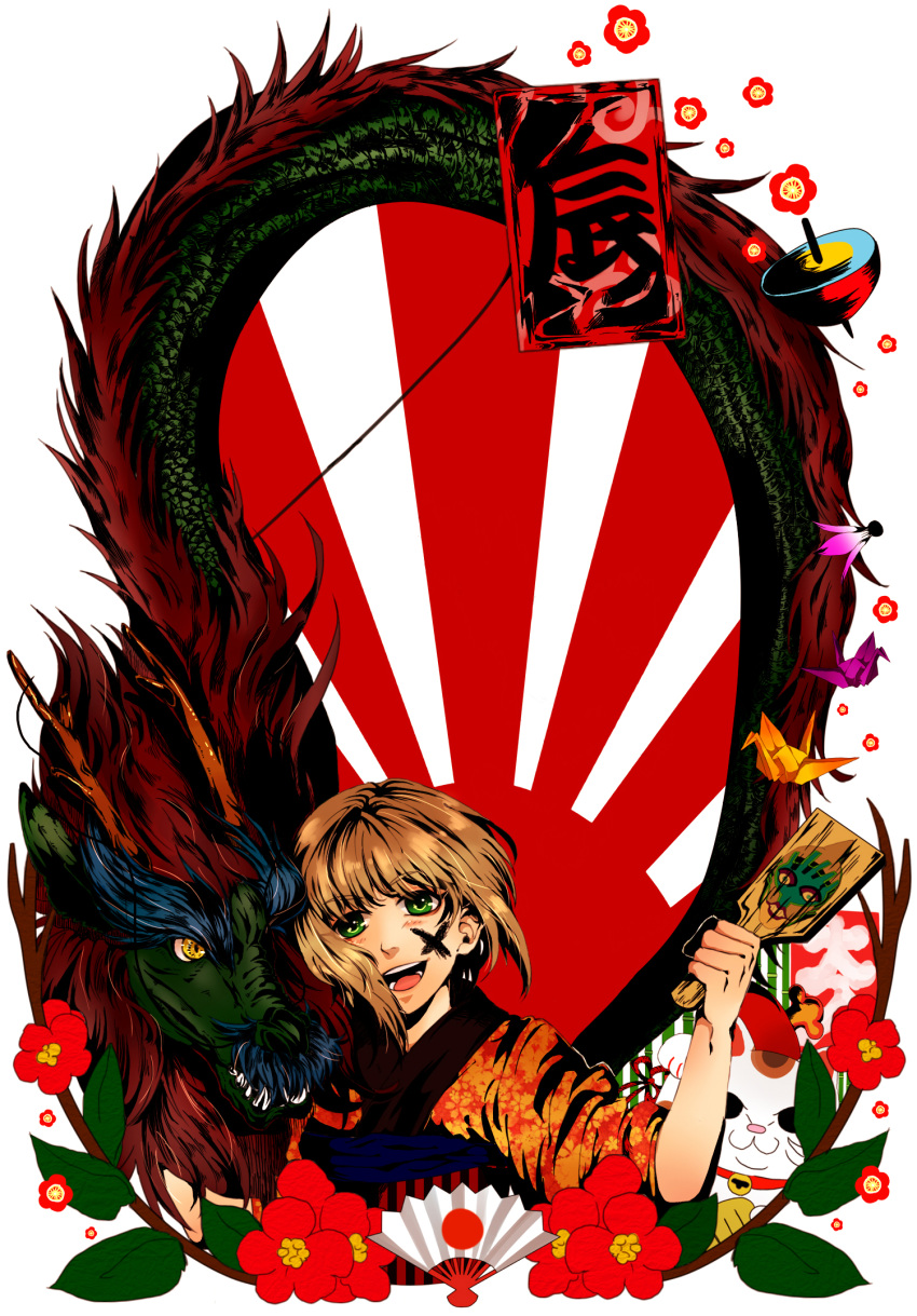 2012, aoiami, bad_id, dragon, eastern_dragon, green_eyes, highres, huang_baoling, japanese_clothes, japanese_flag, kimono, lunatic_(tiger_&amp;_bunny), maneki-neko, maneki_neko, new_year, paddle, paper_crane, rising_sun, short_hair, solo, tiger_&amp;_bunny, white_background