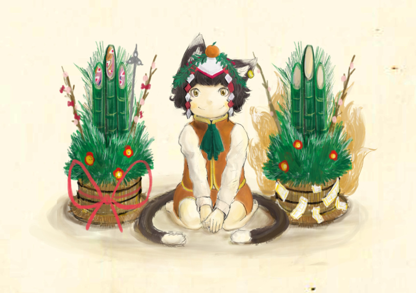 animal_ears, bamboo, brown_eyes, brown_hair, cat_ears, cat_tail, catmata_inutarou, chen