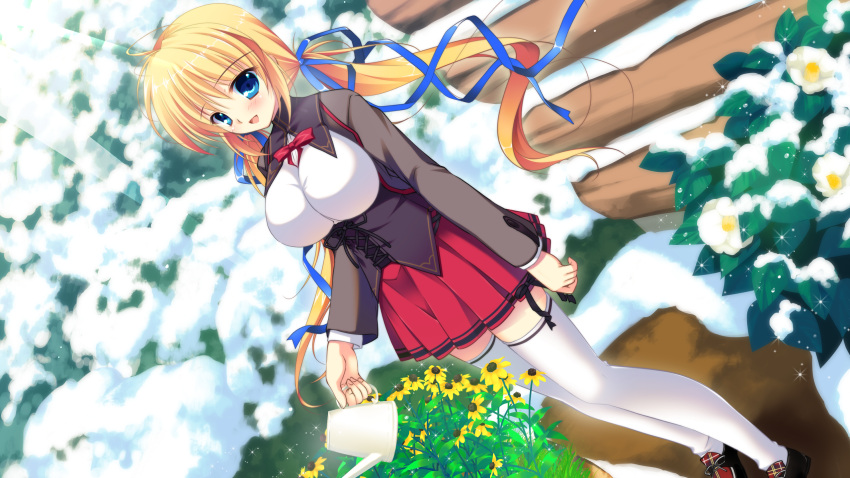 blonde_hair, blue_eyes, flower, flowers, game_cg, kazamatsuri_mana, manatsu_no_yoru_no_yuki_monogatari, mikeou