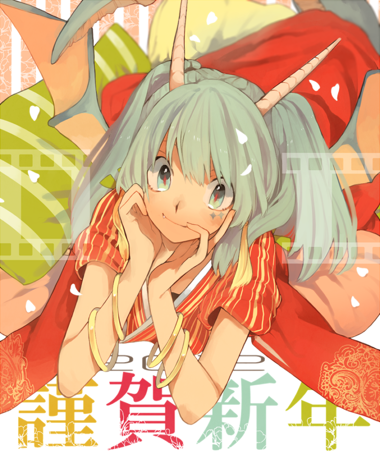 6927mukutuna, bracelet, chin_rest, face, green_eyes, green_hair, hand_on_own_face, hands