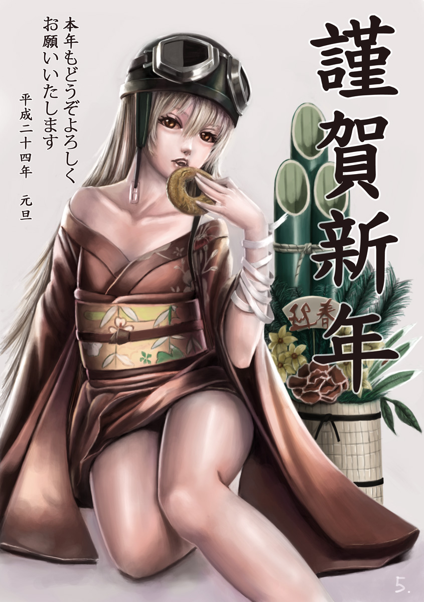 bakemonogatari, bamboo, blonde_hair, control5, doughnut, highres, japanese_clothes, kimono