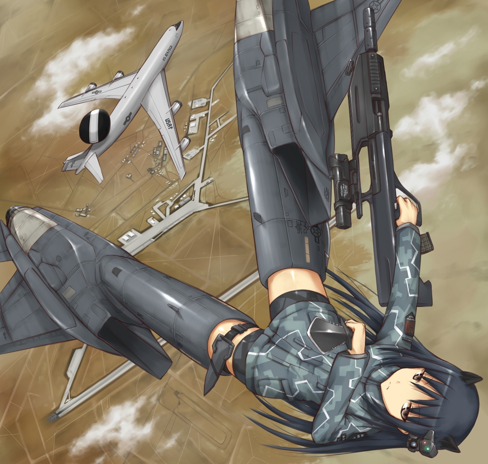 airplane, animal_ears, bike_shorts, black_hair, boeing_e-3, desert, digital_camouflage, e-3, e-3_sentry, f-15, flying, grey_eyes, gun, jet, knife, military_base, original, solo, strike_witches, striker_unit, tom-neko_(zamudo_akiyuki), weapon, zamudo_akiyuki