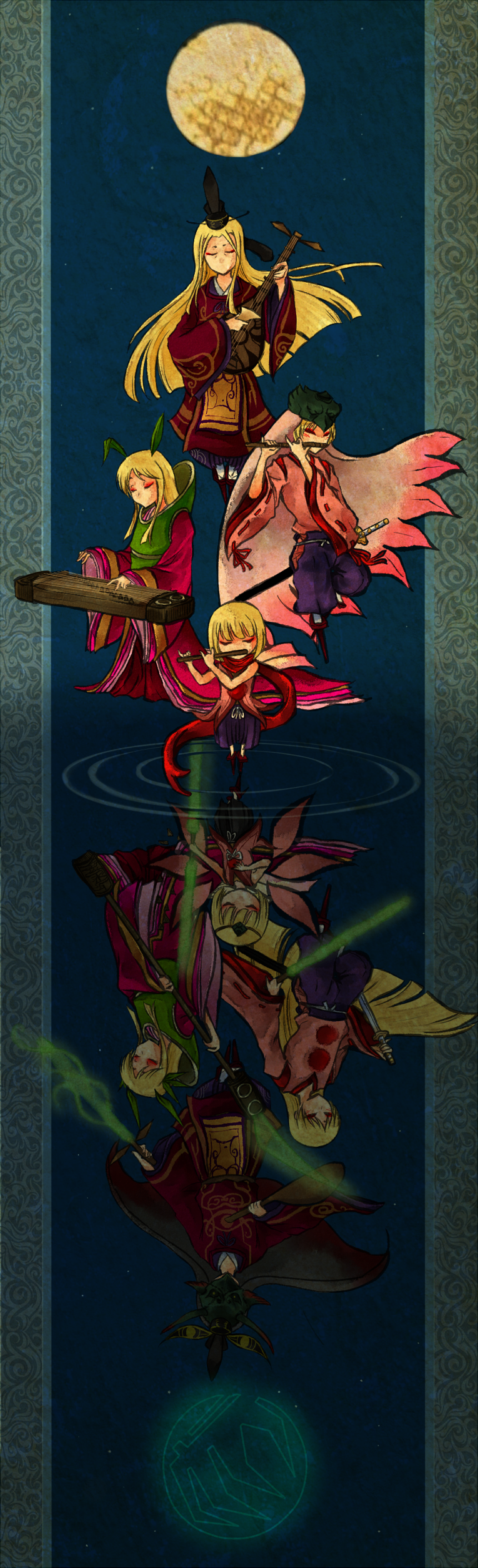 3boys, absurdres, alternate_persona, animal_ears, bamboo, blonde_hair, bunny_ears, dark_persona, different_reflection, energy_blade, energy_sword, flute, full_moon, geta, hakama, highres, instrument, japanese_clothes, kaguya, katana, koto_(instrument), kuro_(okami), kuro_(ookami), long_hair, mask, moon, multiple_boys, night, okami, okamiden, ookami_(game), ookamiden, polearm, reflection, sheath, smile, spear, spoilers, sugawara_michizane, sword, unsheathing, ushiwakamaru, weapon, zafirolys