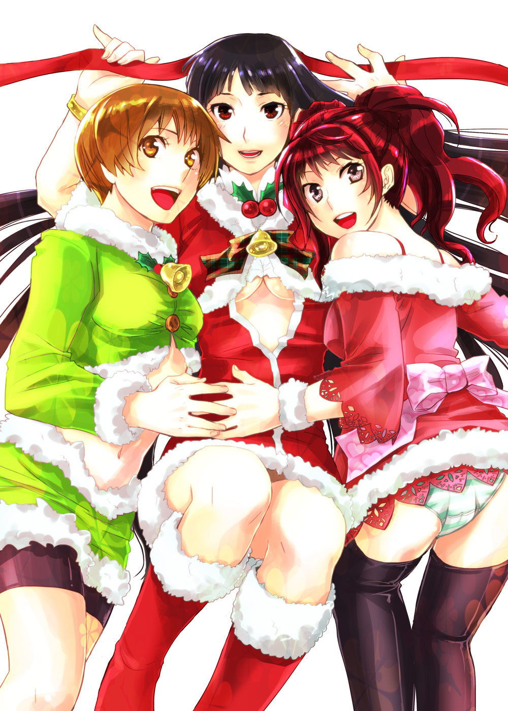 amagi_yukiko, bare_shoulders, bell, bike_shorts, black_hair, black_legwear, boots, bracelet, breasts, brown_eyes, brown_hair, christmas, cleavage, cleavage_cutout, highres, holly, jewelry, kujikawa_rise, long_hair, multiple_girls, open_mouth, panties, persona, persona_4, red_eyes, red_hair, redhead, ribbon, satonaka_chie, short_hair, smile, striped, striped_panties, thigh-highs, thighhighs, under_boob, underboob, underwear, yu@genkoochu(5tsukino)