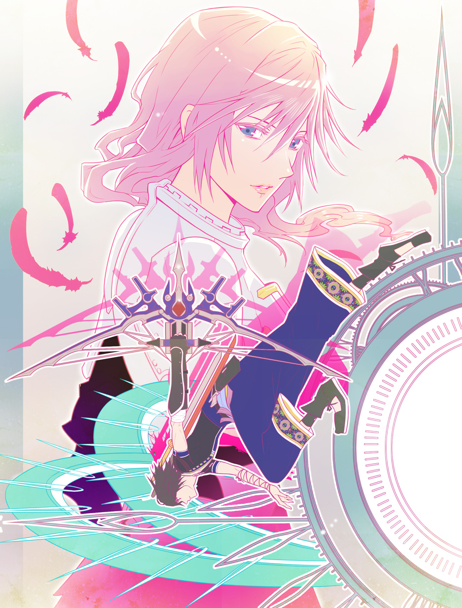 1girl, amatari_sukuzakki, blue_eyes, bow_(weapon), brown_hair, feathers, final_fantasy, final_fantasy_xiii