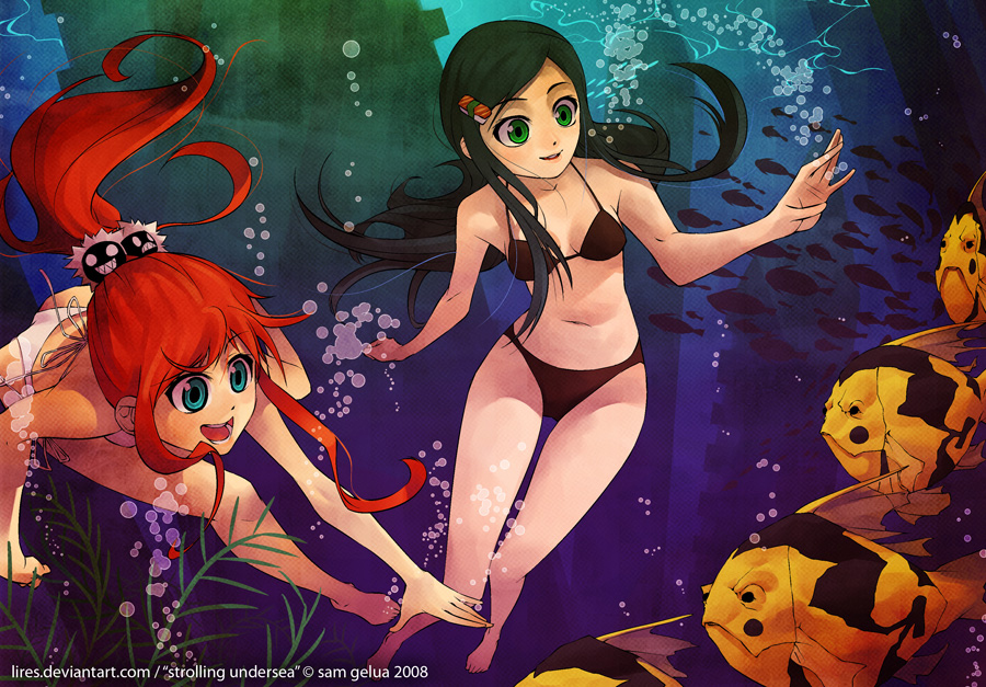 2girls, barefoot, bikini, black_hair, blue_eyes, bubble, diving, fish