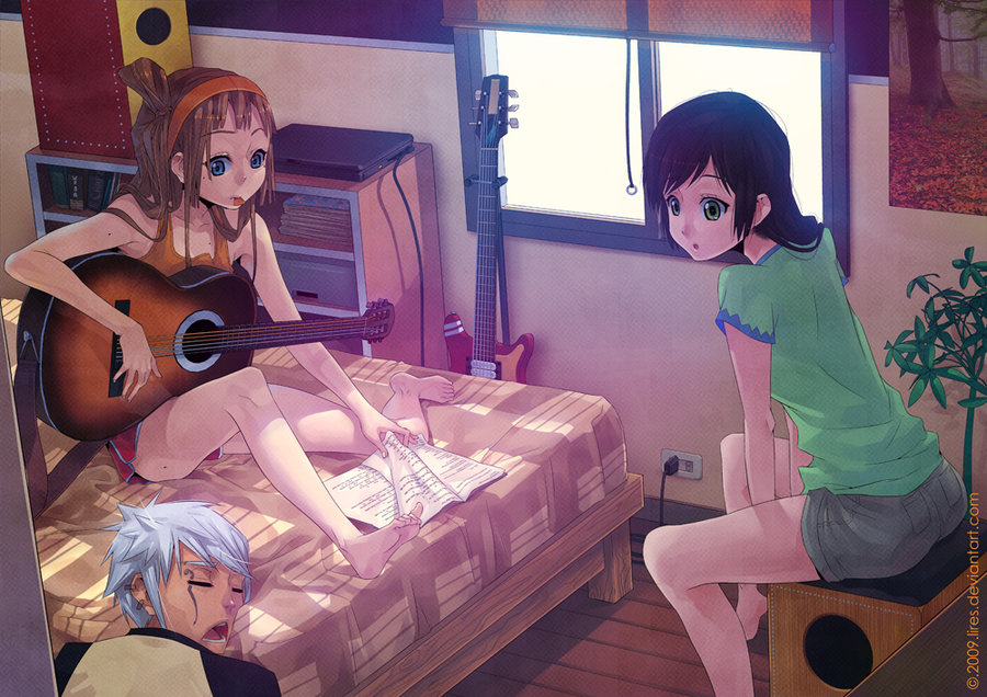 2girls, acoustic_guitar, bare_legs, barefoot, bed, bedroom, brown_hair, computer