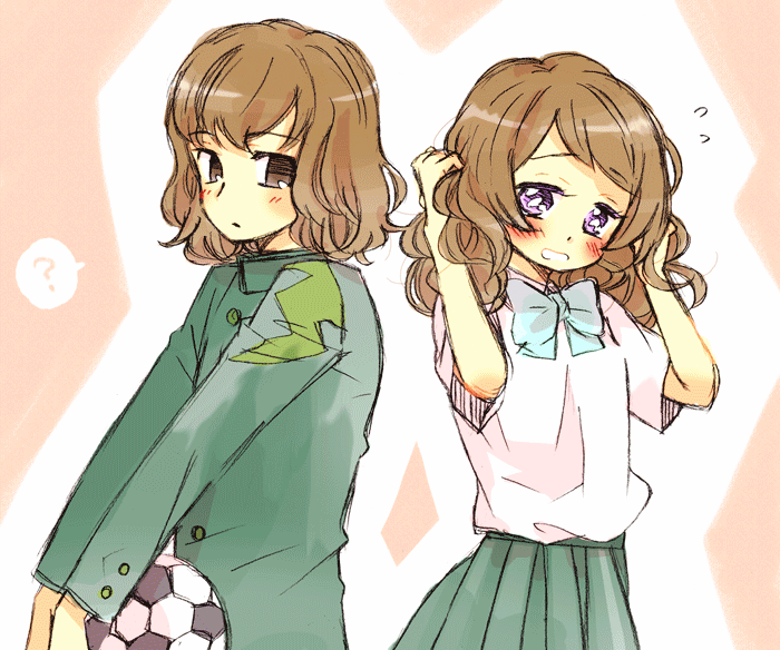 ?, alternate_hairstyle, ball, blush, brown_eyes, brown_hair, inazuma_eleven, inazuma_eleven_(series), inazuma_eleven_go, long_hair, purple_eyes, ribbon, school_uniform, shindou_takuto, soccer_ball, suto, suto_(character), violet_eyes, yamana_akane