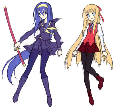 blonde_hair, blue_hair, boots, himegami_no_miko, hinomiya_himeko, kaishaku, katana, kouzuki_chikane