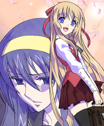 :d, bag, black_legwear, blonde_hair, blue_eyes, blue_hair, face, hair_ribbon