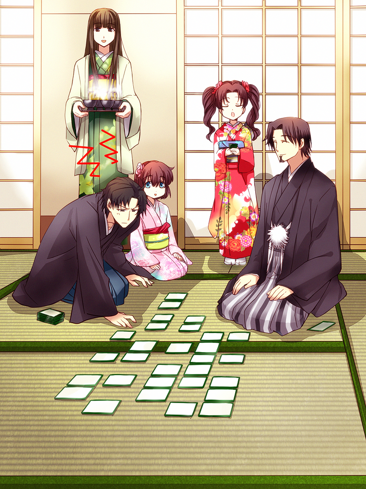 3girls, black_hair, blue_eyes, brown_eyes, brown_hair, card, cards_on_floor, facial_hair