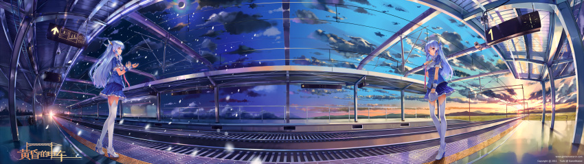 absurdres, arm_warmers, bench, blue_hair, breasts, cloud, crescent_moon, exit_sign