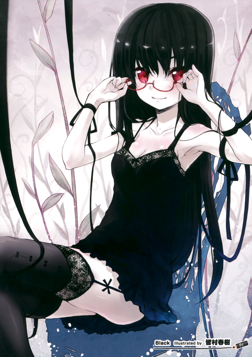 absurdres, adjusting_glasses, arm_ribbon, armpits, artist_request, bare_shoulders, black_hair, black_legwear