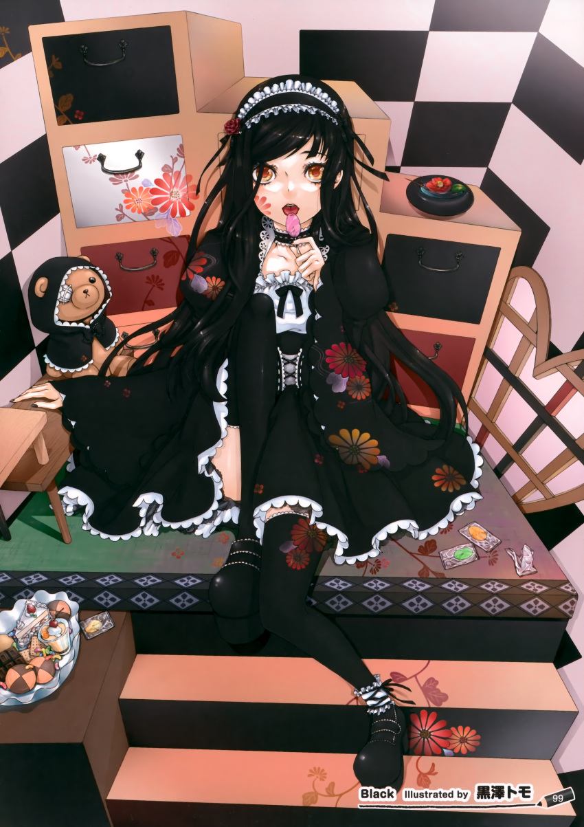 artist_request, black_hair, black_legwear, brown_eyes, candy, dress, eyepatch, gothic_lolita
