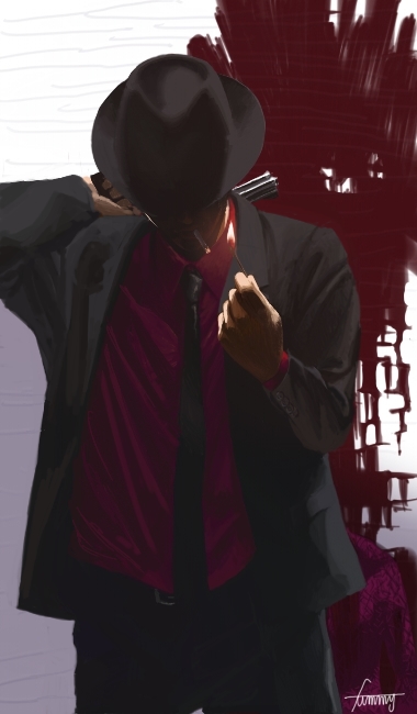 blood, blood_stain, cigarette, dan_smith, fedora, formal, gun, hat, killer7, matches, necktie, revolver, suit, weapon