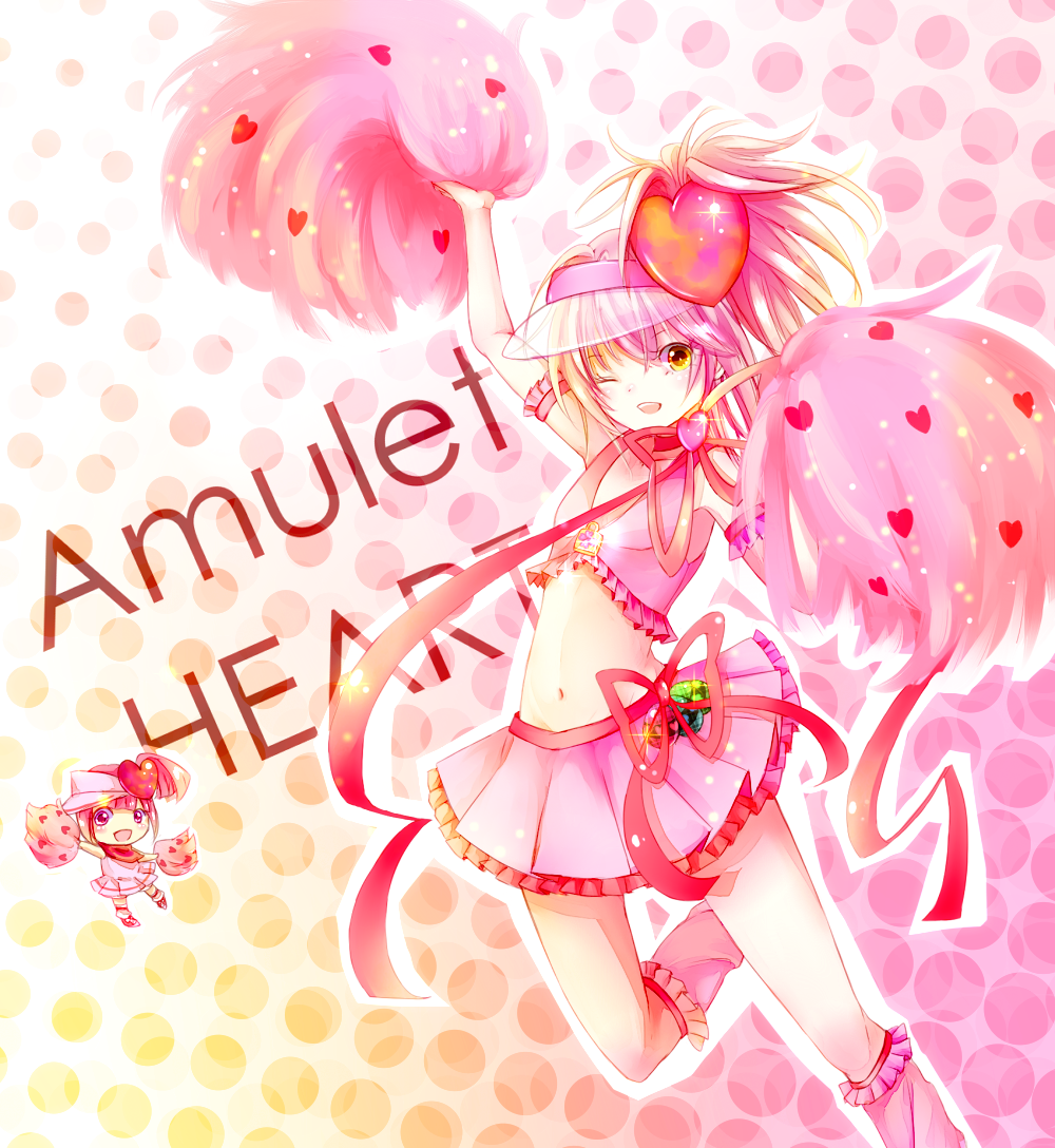 amulet_heart, character_name, chibi, dress, dual_persona, frills, gradient, gradient_background