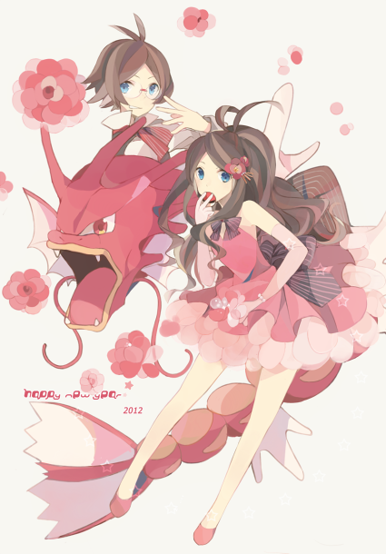 1boy, 1girl, alternate_color, alternate_costume, bare_legs, blue_eyes, brown_hair, dress