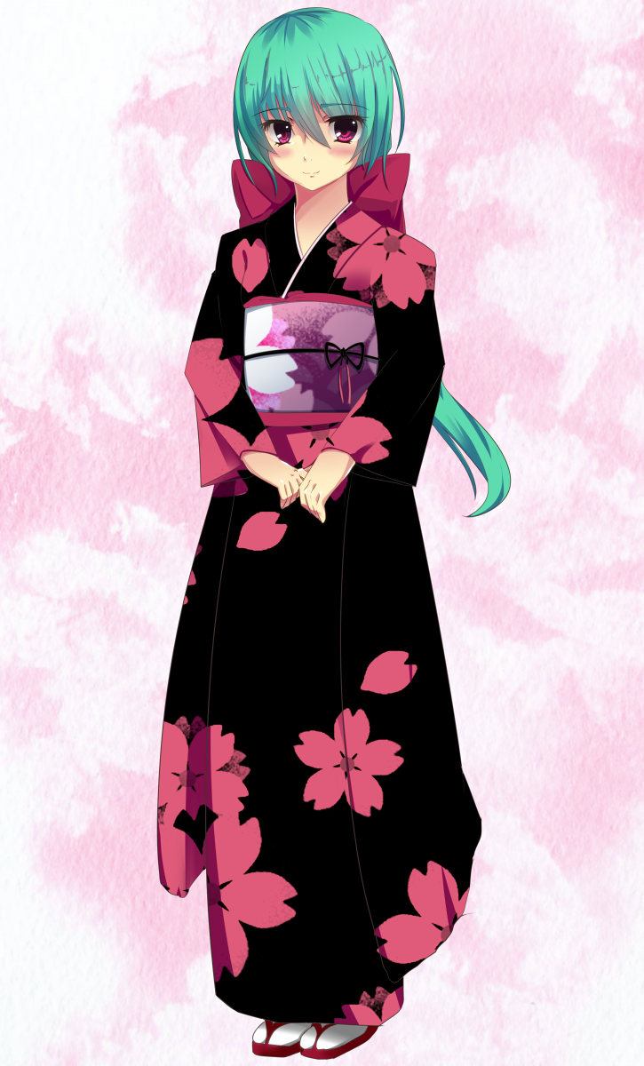 alternate_hairstyle, bow, green_hair, hair_bow, highres, japanese_clothes, kagiyama_hina, kimono, long_hair, obi, ponytail, purple_eyes, sandals, smile, solo, tkisii, touhou, violet_eyes