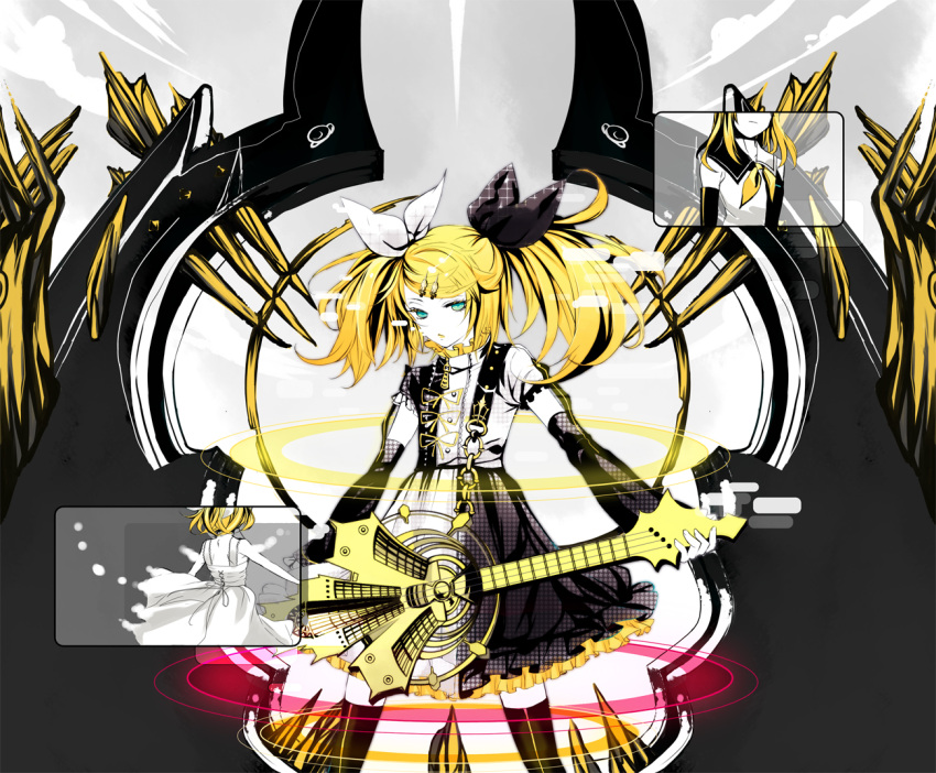 aqua_eyes, bass, bass_guitar, blonde_hair, detached_sleeves, dress, guitar, hair_ornament