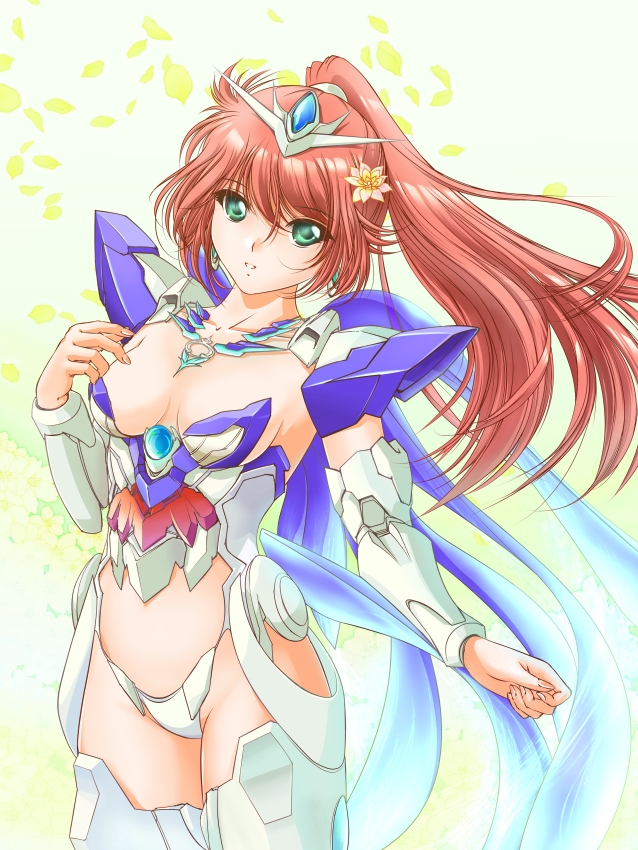 1girl, brown_hair, earrings, els, flower, green_eyes, gundam, gundam_00_a_wakening_of_the_trailblazer