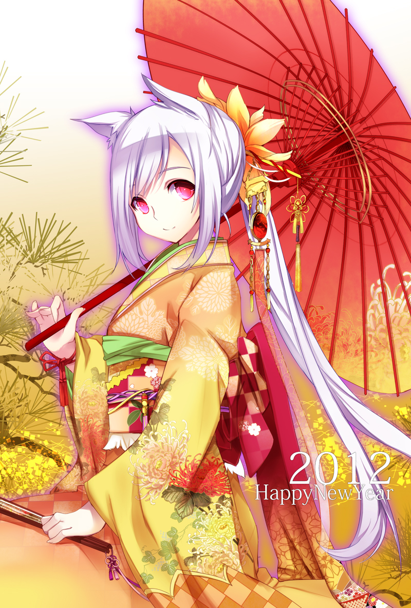 animal_ears, chrysanthemum, floral_print, flower, hair_flower, hair_ornament, japanese_clothes, kimono