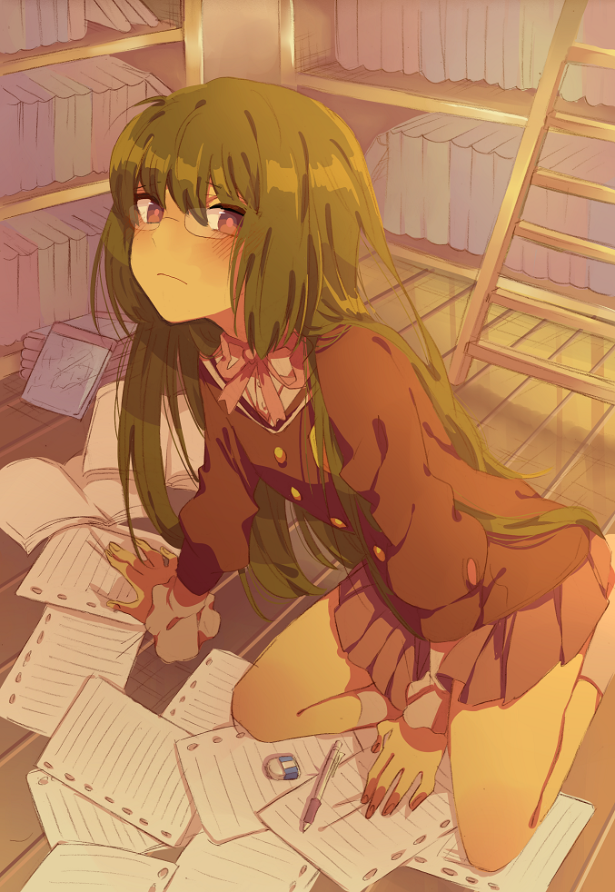 book, crossdressinging, eraser, glasses, kami_nomi_zo_shiru_sekai, katsuragi_keima, long_hair, male