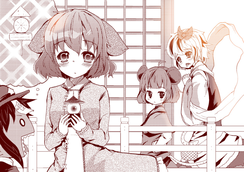 ahoge, animal_ears, blush, fangs, food, hair_ornament, hat, imagining