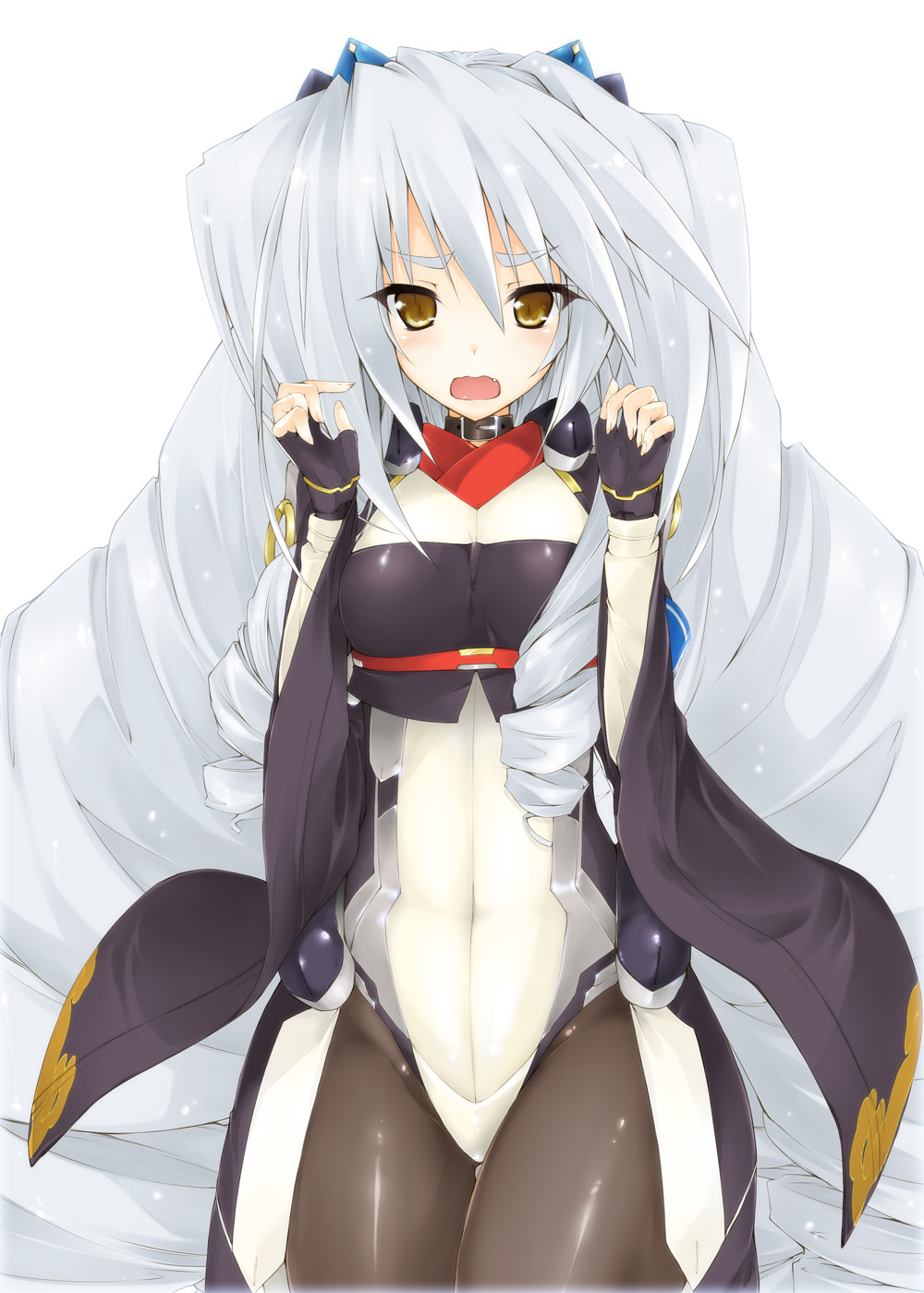 bodysuit, collar, drill_hair, fang, fingerless_gloves, flat_chest, gloves, highres