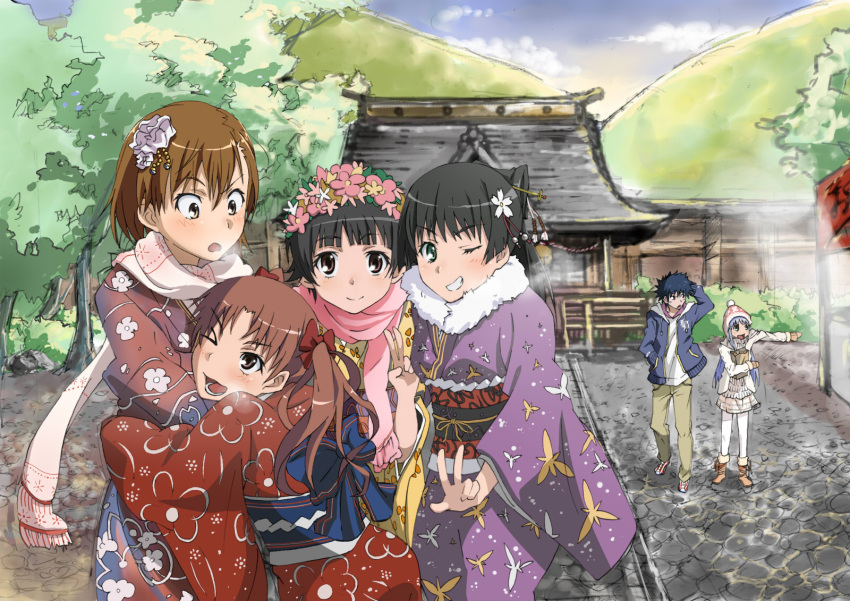 black_hair, breath, brown_eyes, brown_hair, delf, floral_print, flower, furisode