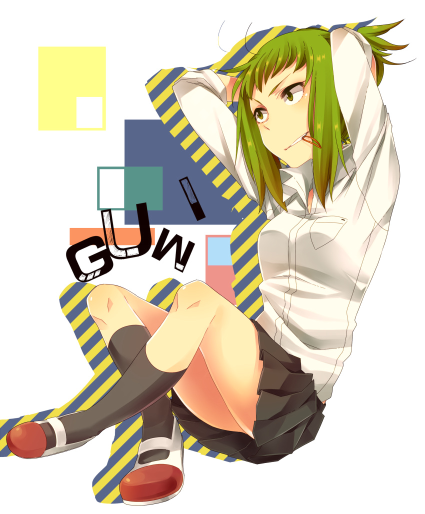 absurdres, adjusting_hair, ahoge, arms_up, footwear, green_eyes, green_hair, gumi