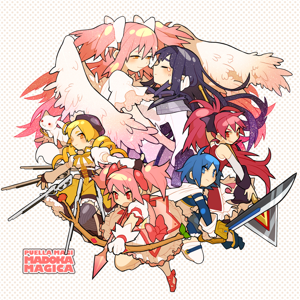 :3, akemi_homura, angel_wings, arrow, black_hair, blonde_hair, blue_eyes, blue_hair, bow, bow_(weapon), cape, closed_eyes, corset, detached_sleeves, drill_hair, everyone, eyes_closed, gloves, goddess_madoka, gun, hair_bow, hairband, hal_(artist), haruo_(r1th), hat, hug, kaname_madoka, kyubey, long_hair, magical_girl, magical_musket, mahou_shoujo_madoka_magica, miki_sayaka, multiple_girls, open_mouth, pink_eyes, pink_hair, polearm, red_eyes, red_hair, redhead, rifle, sakura_kyouko, short_hair, spear, striped, striped_legwear, sword, tears, thigh-highs, thighhighs, tomoe_mami, twin_drills, twintails, ultimate_madoka, weapon, white_gloves, white_legwear, wings, yellow_eyes, yuri, zettai_ryouiki
