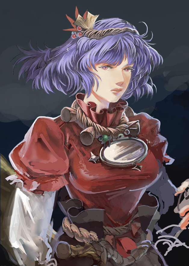 bad_id, bust, colored_eyelashes, face, flat_gaze, leaf, lips, looking_at_viewer