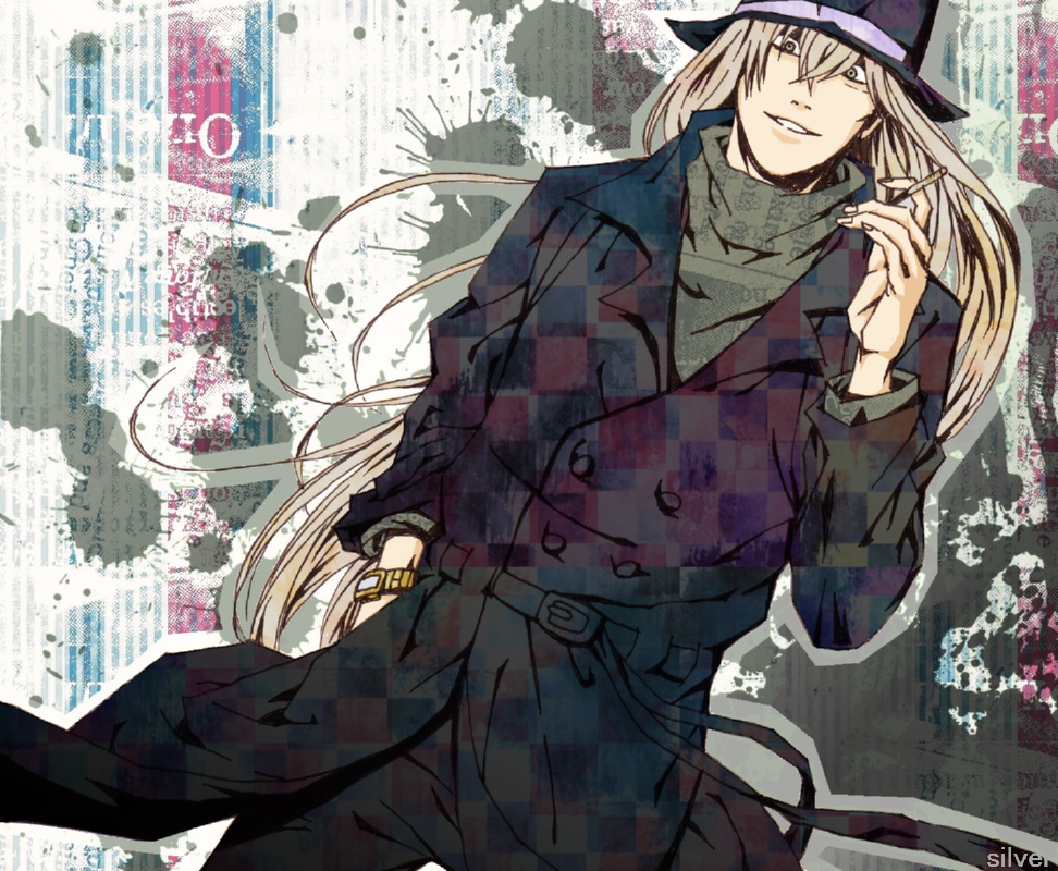 blonde_hair, cigarette, detective_conan, gin_(detective_conan), gin_(meitantei_conan), grey_eyes, grin, hat