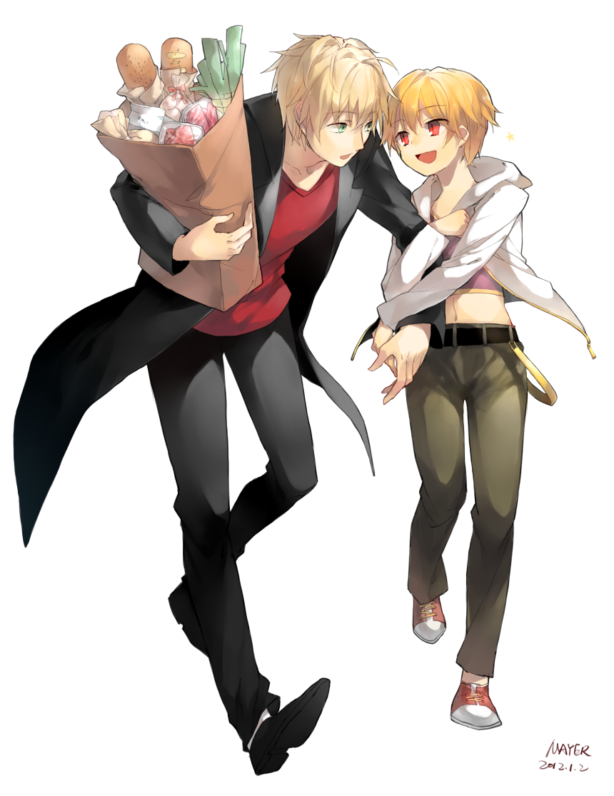 arm_grab, bag, baguette, blonde_hair, bread, casual, child, child_gilgamesh