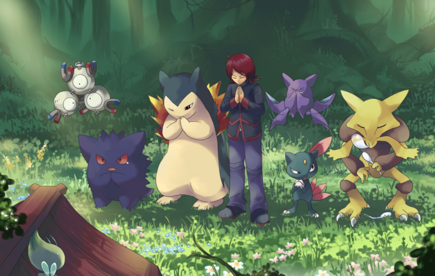 1boy, alakazam, celebi, crobat, forest, garden, gengar, holding, holding_spoon, ibui_matsumoto, magneton, nature, pokemon, pokemon_(creature), pokemon_(game), pokemon_gsc, praying, red_hair, redhead, shrine, silver_(pokemon), silver_(pokemon)_(remake), sleeping, sneasel, snot_bubble, spoon, sweatdrop, typhlosion