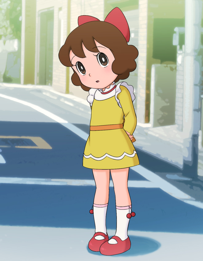 bad_id, brown_eyes, brown_hair, character_request, child, copyright_request, doraemon, dress