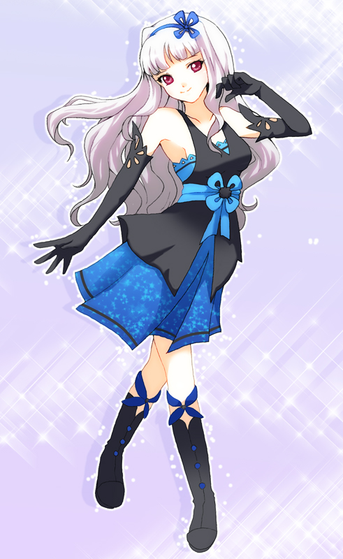 black_gloves, boots, crossed_legs_(standing), dk, dress, elbow_gloves, gloves, hairband