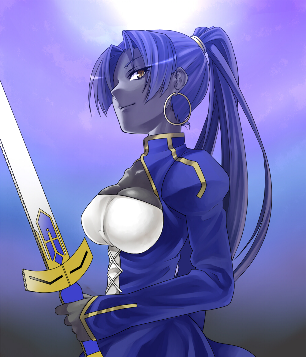 1girl, assassin_(fate/zero), black_skin, blue_hair, breasts, brown_eyes, cardboard, cosplay