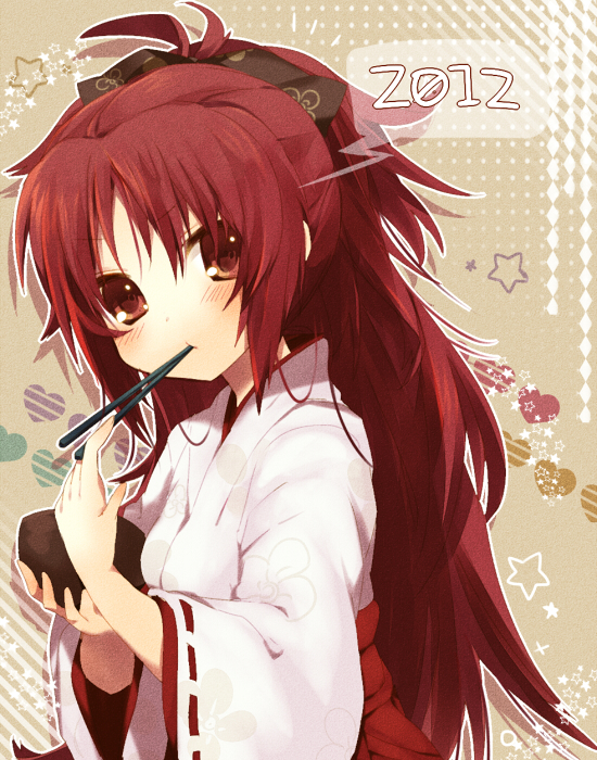2012, blush, bow, bowl, chopsticks, eating, hair_bow, heart