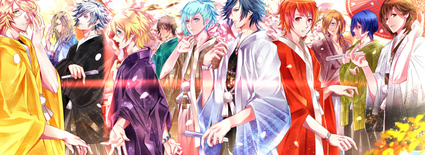 aijima_cecil, asa_no_ha_(pattern), bad_id, black_hair, blonde_hair, blue_eyes, blue_hair, brown_eyes