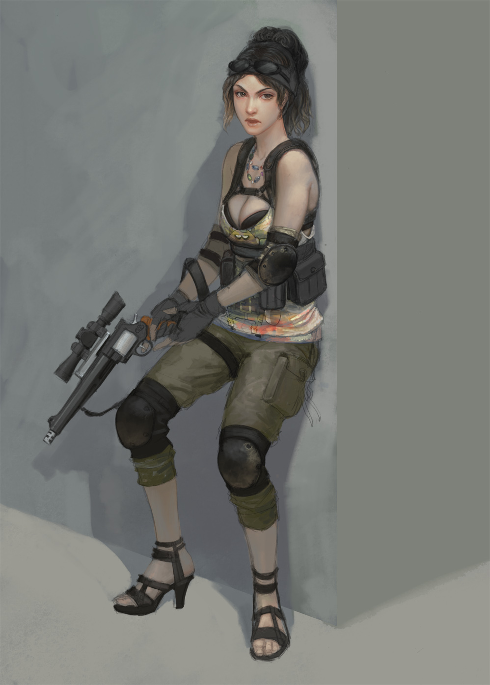 breasts, brown_hair, cargo_pants, cleavage, elbow_pads, fingerless_gloves, glasses, glasses_on_head, gloves, gun, hat, heel, high_heels, highres, jewelry, knee-pads, knee_pads, lingerie, necklace, original, revolver, sandals, scope, shoes, underwear, weapon, xiaji
