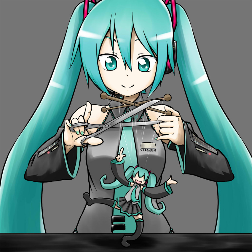 aqua_eyes, aqua_hair, character_doll, detached_sleeves, halterneck, hanyapunifu, hatsune_miku, headset