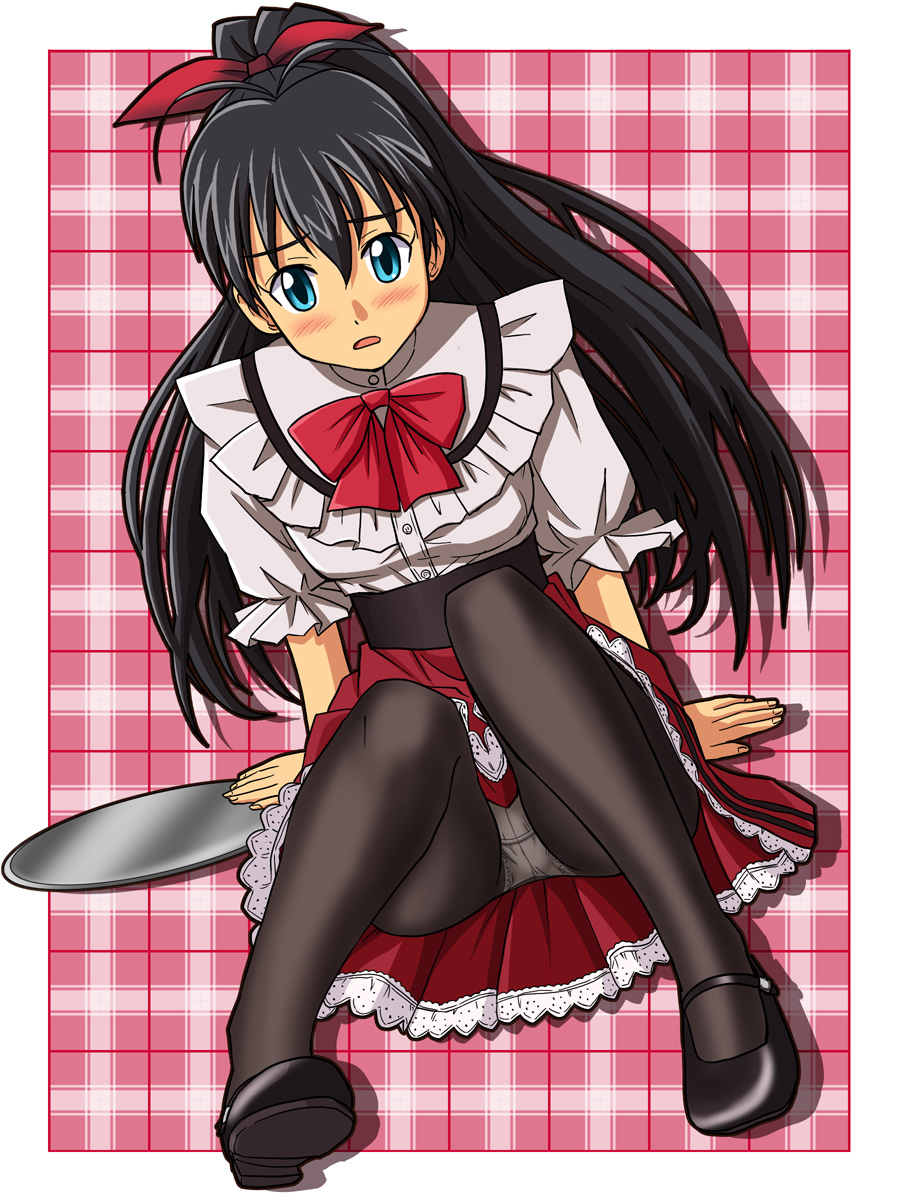black_hair, black_legwear, blue_eyes, blush, bronze_parrot, embarrassed, ganaha_hibiki, highres, idolmaster, lielos, long_hair, looking_at_viewer, panties, panties_under_pantyhose, pantyhose, pantyshot, pantyshot_(sitting), pantyshot_sitting, sitting, solo, tray, underwear, upskirt, waitress, white_panties