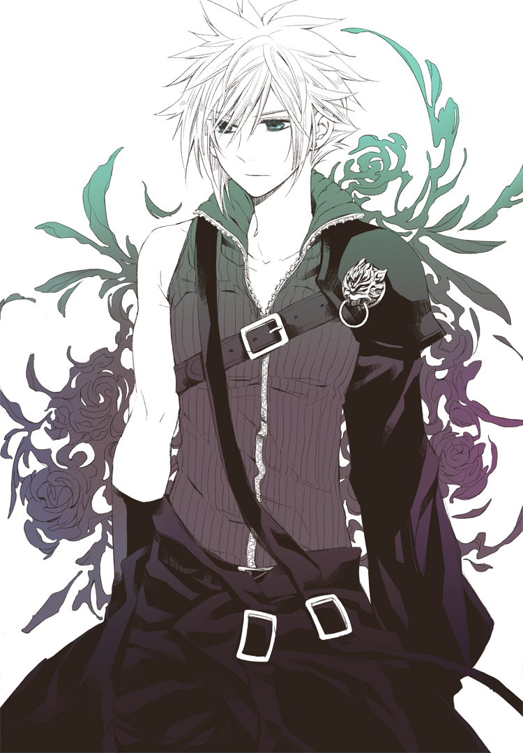 cloud_strife, dissidia_final_fantasy, final_fantasy, final_fantasy_vii, final_fantasy_vii_advent_children, gloves, kingdom_hearts, male, monochrome, shichimiso, solo, spiked_hair, spiky_hair