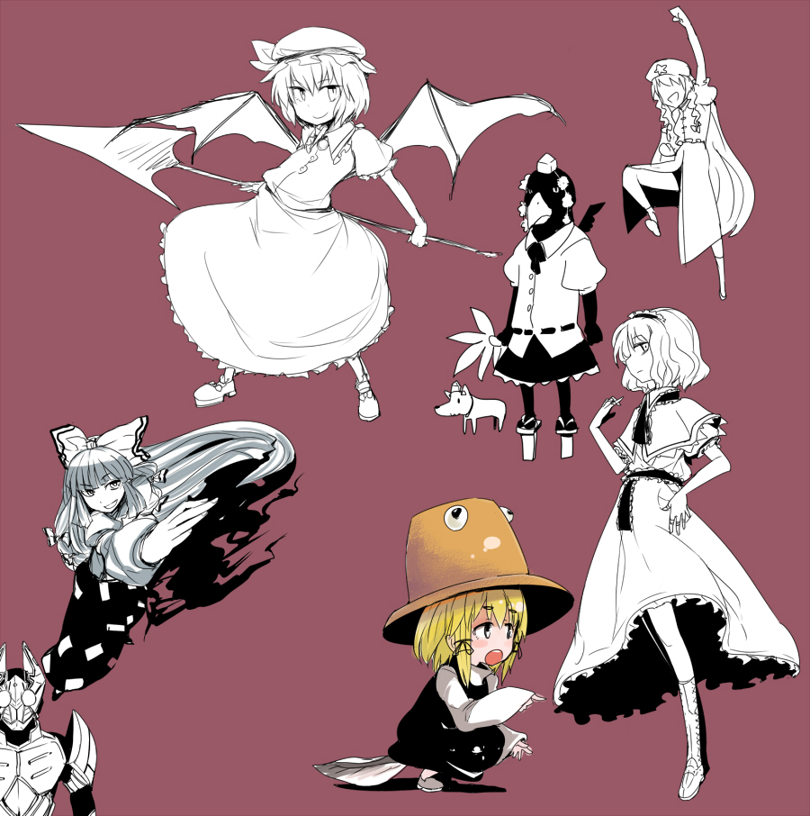 alice_margatroid, arm_up, arms_behind_back, bangs, belt, bird, blonde_hair, blunt_bangs, braid, brooch, clenched_hand, crow, dog, dress, dress_shirt, fan, fist, frilled_dress, frills, fujiwara_no_mokou, geta, grin, hat, hitsuji_bako, hong_meiling, inubashiri_momiji, jewelry, lance, mary_janes, monochrome, moriya_suwako, multiple_girls, open_mouth, outstretched_arm, pointing, polearm, purple_background, raised_fist, remilia_scarlet, sash, shameimaru_aya, shirt, shoes, short_hair, smile, spear_the_gungnir, tadpole, tokin_hat, touhou, twin_braids, weapon, wings