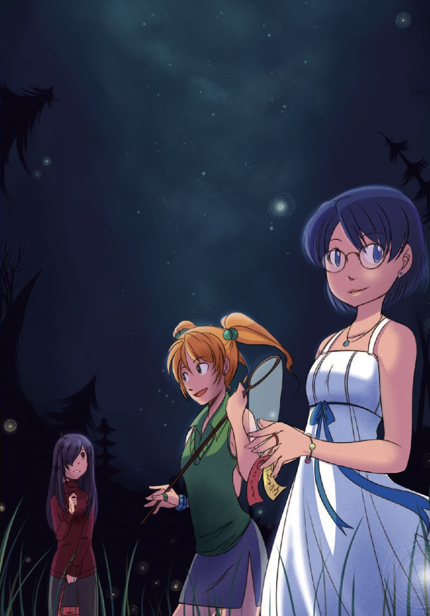 3girls, artbook, bare_shoulders, blue_eyes, blue_hair, bracelet, bug_hunting, bug_net, casual, charmwitch, commentary, dress, flat_chest, glasses, green_eyes, hair_bobbles, hair_ornament, hair_over_one_eye, hakamichi_shizune, highres, ibarazaki_emi, ikezawa_hanako, jewelry, jpeg_artifacts, katawa_shoujo, long_skirt, multiple_girls, necklace, official_art, orange_hair, resizing_artifacts, ring, short_hair, short_twintails, star_(sky), starry_sky, sweater, sweater_vest, twintails, v-neck, white_dress