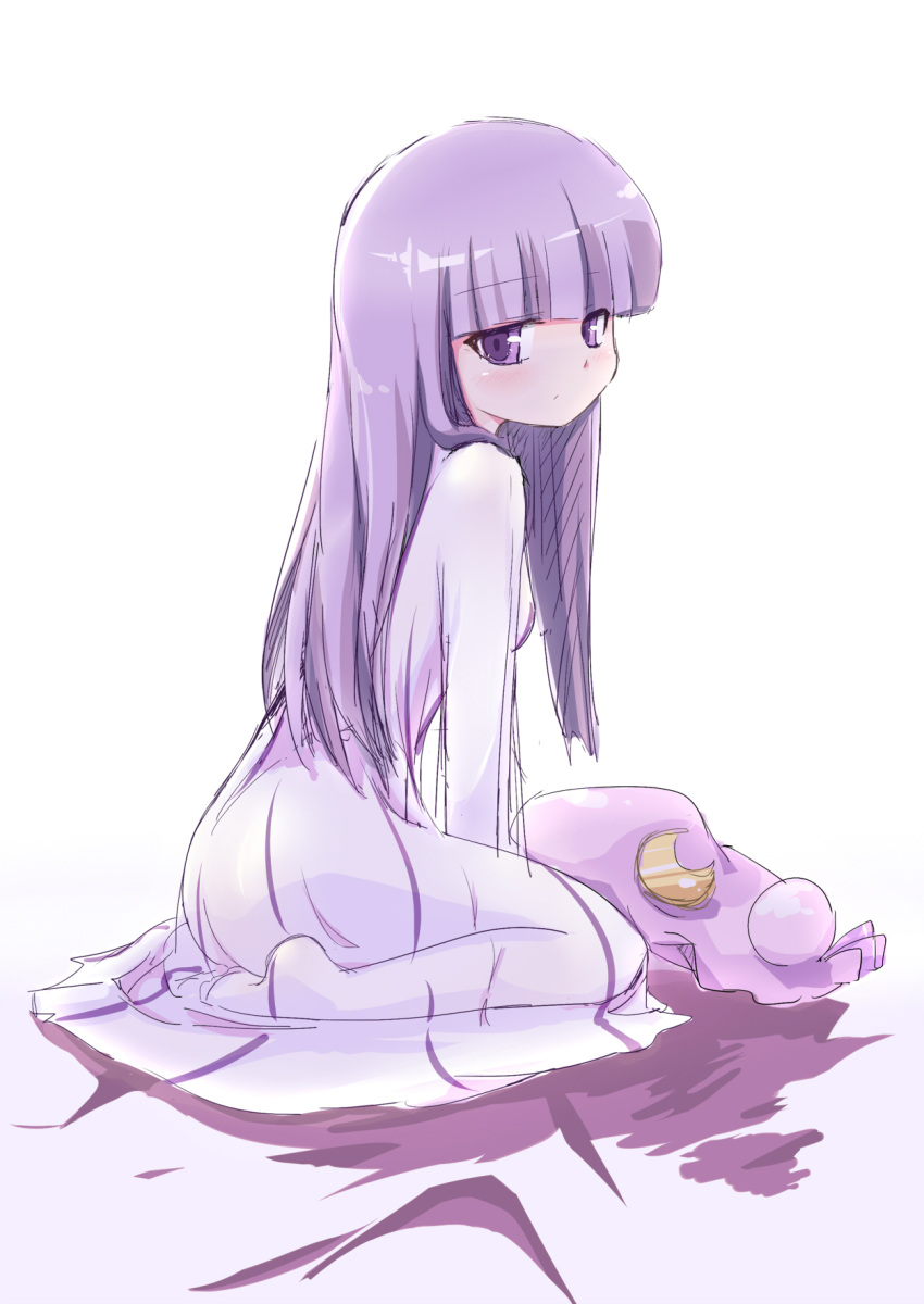 bangs, blunt_bangs, breasts, coo, crescent, dress, hat, hat_removed, headwear_removed, highres, long_hair, patchouli_knowledge, purple_eyes, purple_hair, seiza, sitting, solo, touhou, violet_eyes