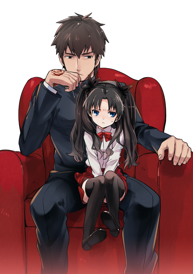 1girl, :<, black_legwear, blue_eyes, brown_eyes, brown_hair, child, command_spell, couch, fate/zero, fate_(series), hair_ribbon, kotomine_kirei, long_hair, mattaku_da, ocha_(oteaaa), ribbon, short_hair, sitting, thigh-highs, thighhighs, tohsaka_rin, toosaka_rin, twintails, young
