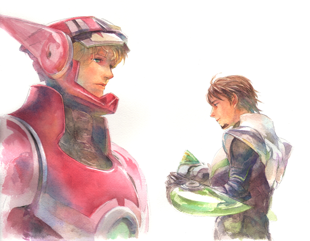 914kana, barnaby_brooks_jr, blonde_hair, brown_eyes, brown_hair, facial_hair, green_eyes, headwear_removed
