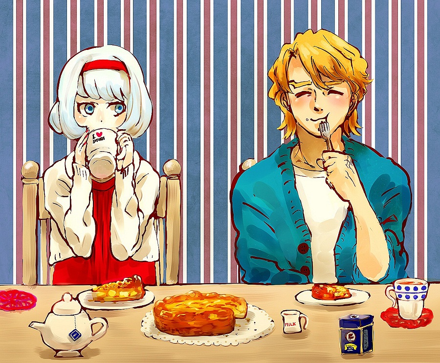 1boy, 1girl, bare_shoulders, blonde_hair, blue_eyes, blue_jacket, blush, bob_cut